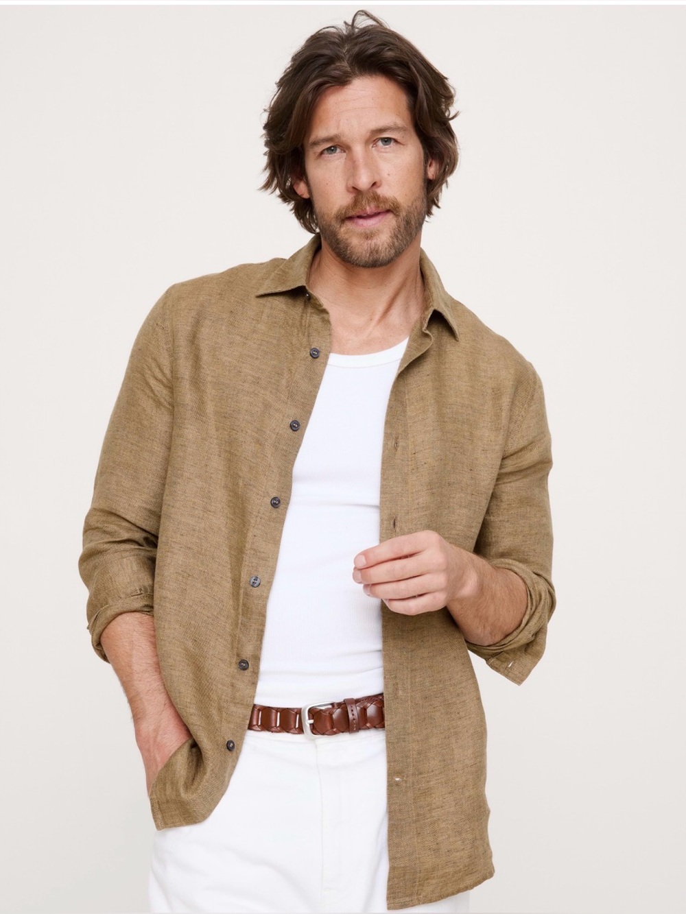 NWT Banana Republic Slim Fit Linen Khaki Sand Shirt Sz Large/Tall (#893186)